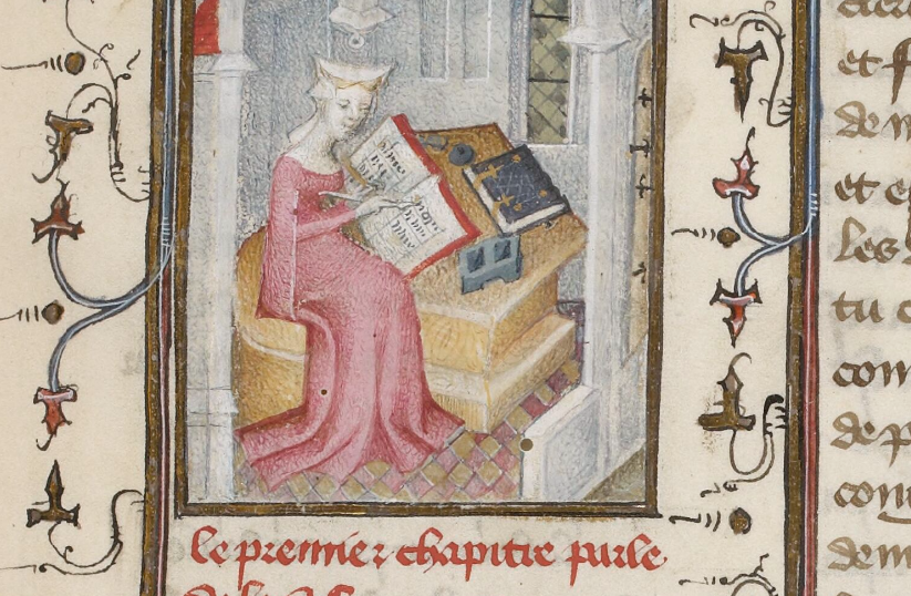 Close up of a page from a medieval illuminated manuscript, depicting a woman writing.