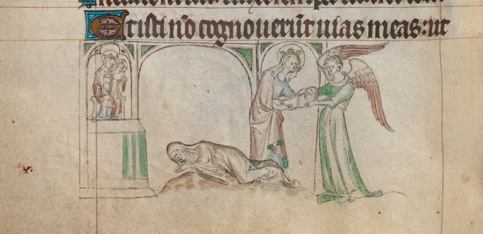 A marginal scene from the Queen Mary Psalter, showing a pregnant abbess praying to the Virgin Mary.